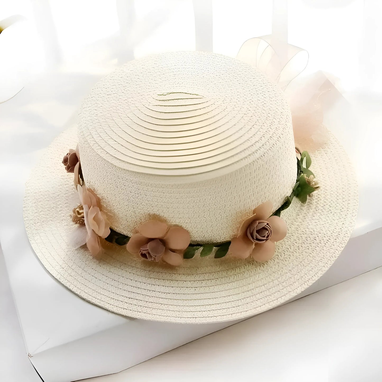 Cream Floral Beach Hat