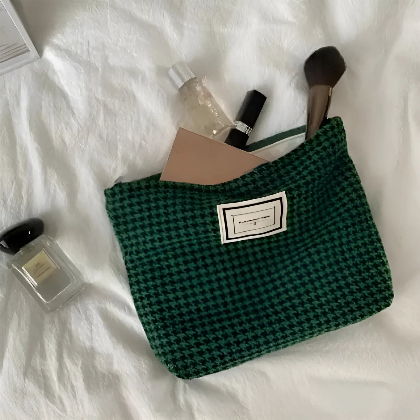 Dark Green Houndstooth Fabric Makeup Bag