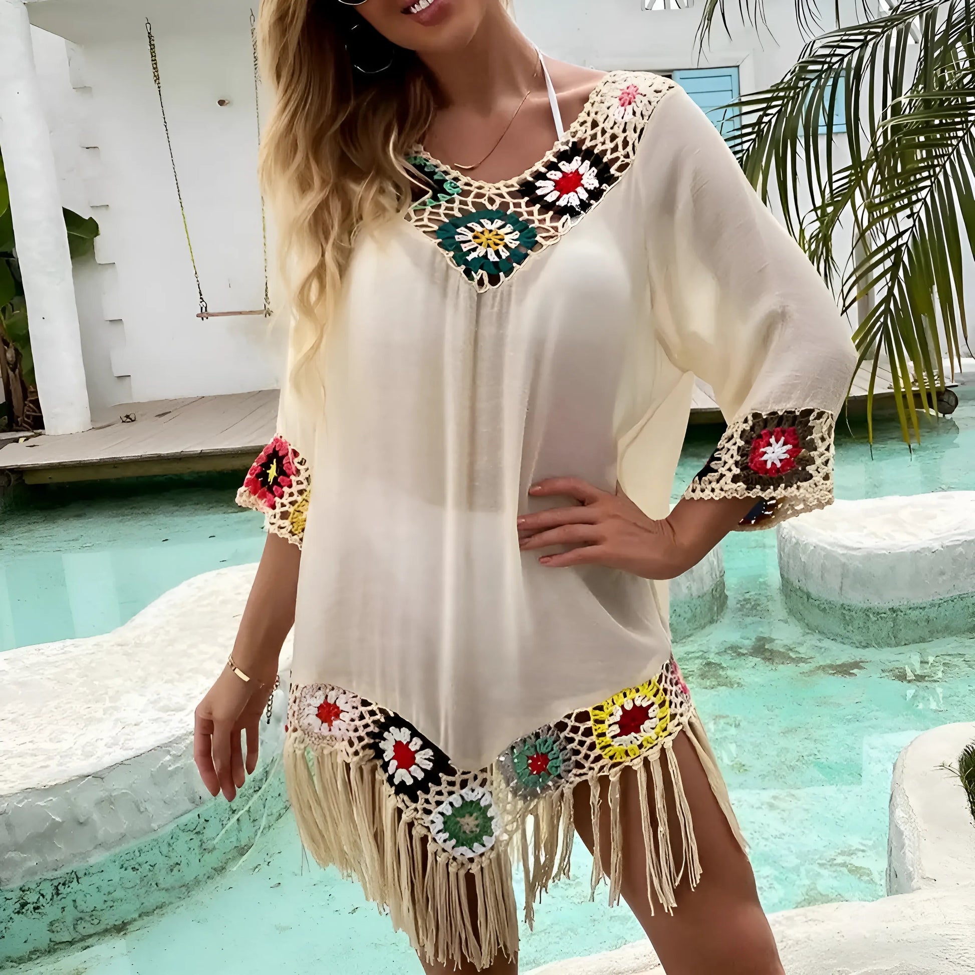 Embroidered Beach Dress with Fringes