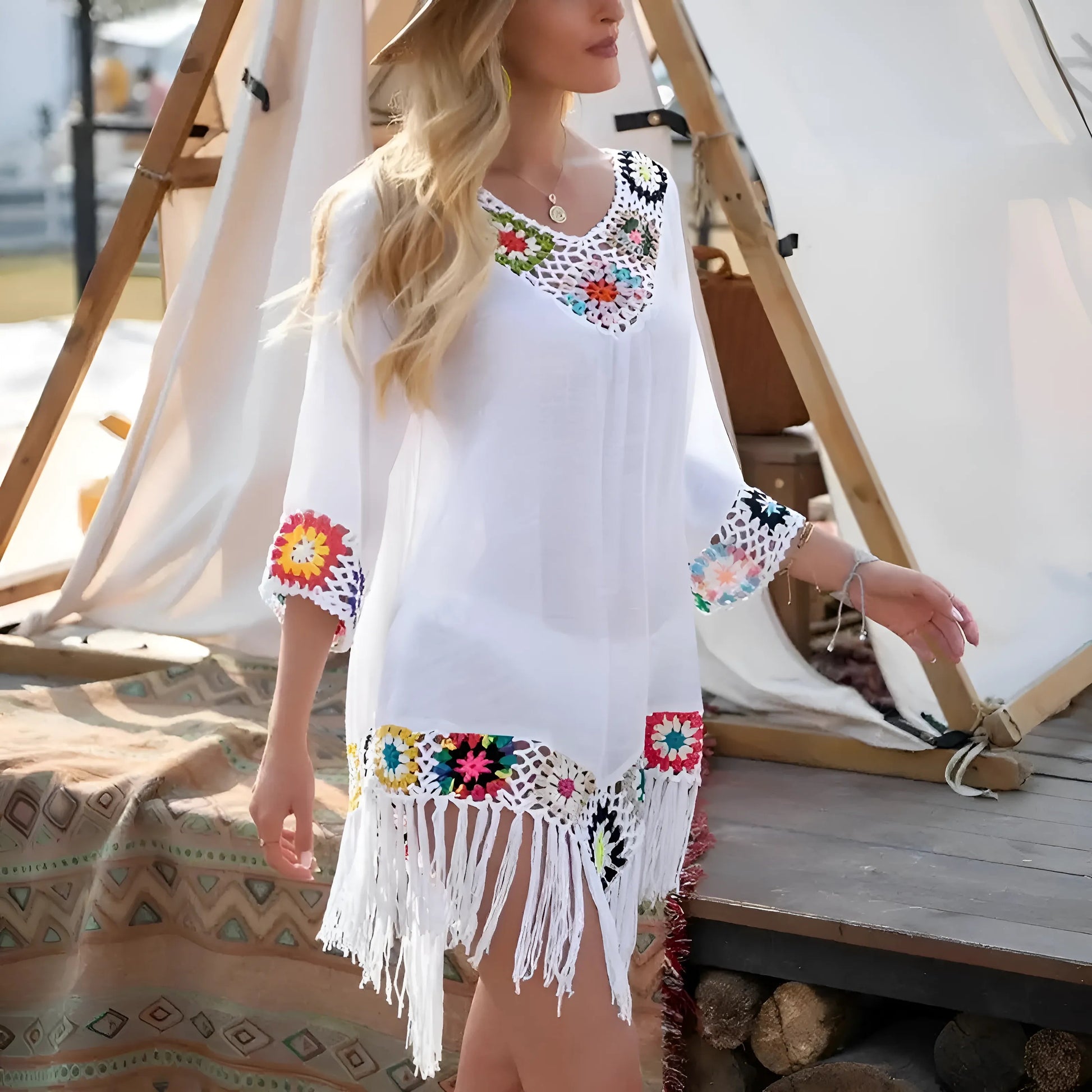 Embroidered Beach Dress with Fringes