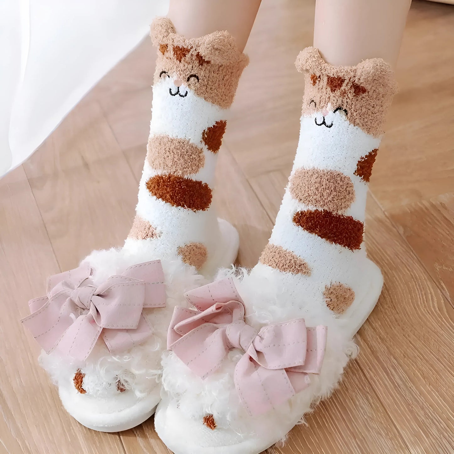 Fluffy Women's Socks with Cat Design