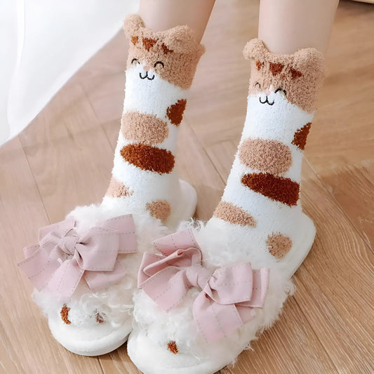 Fluffy Women's Socks with Cat Design
