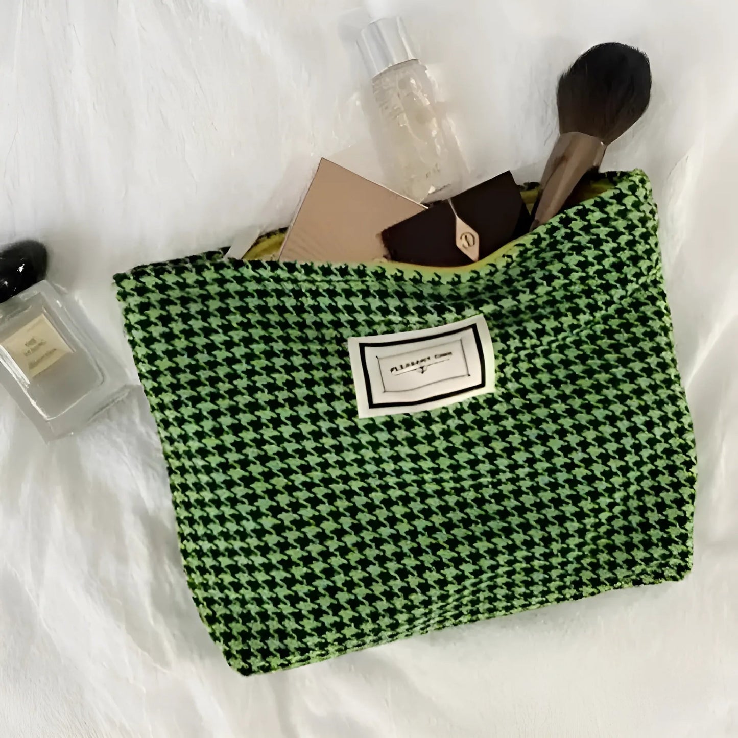 Green Houndstooth Fabric Makeup Bag