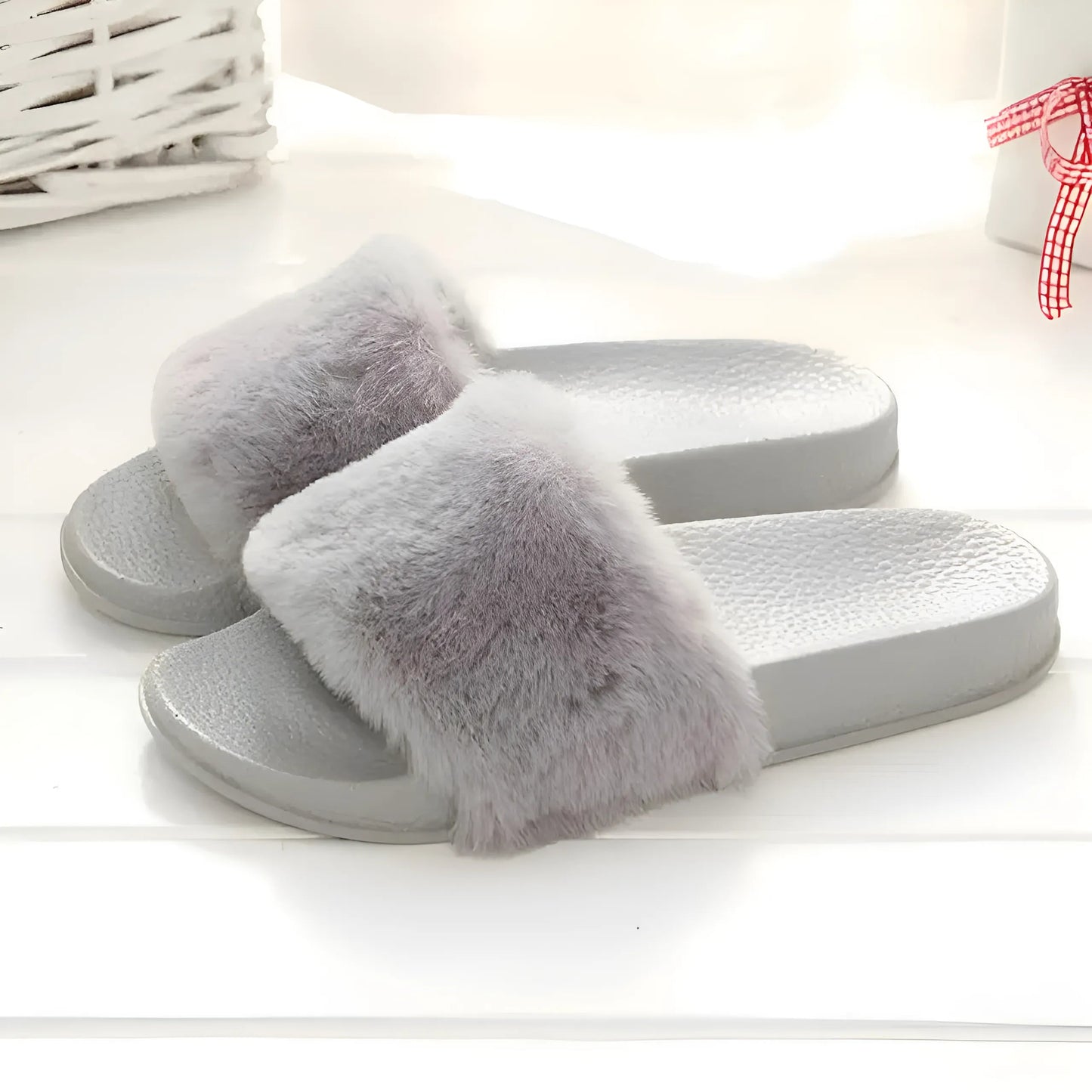 Grey Faux Fur Slippers