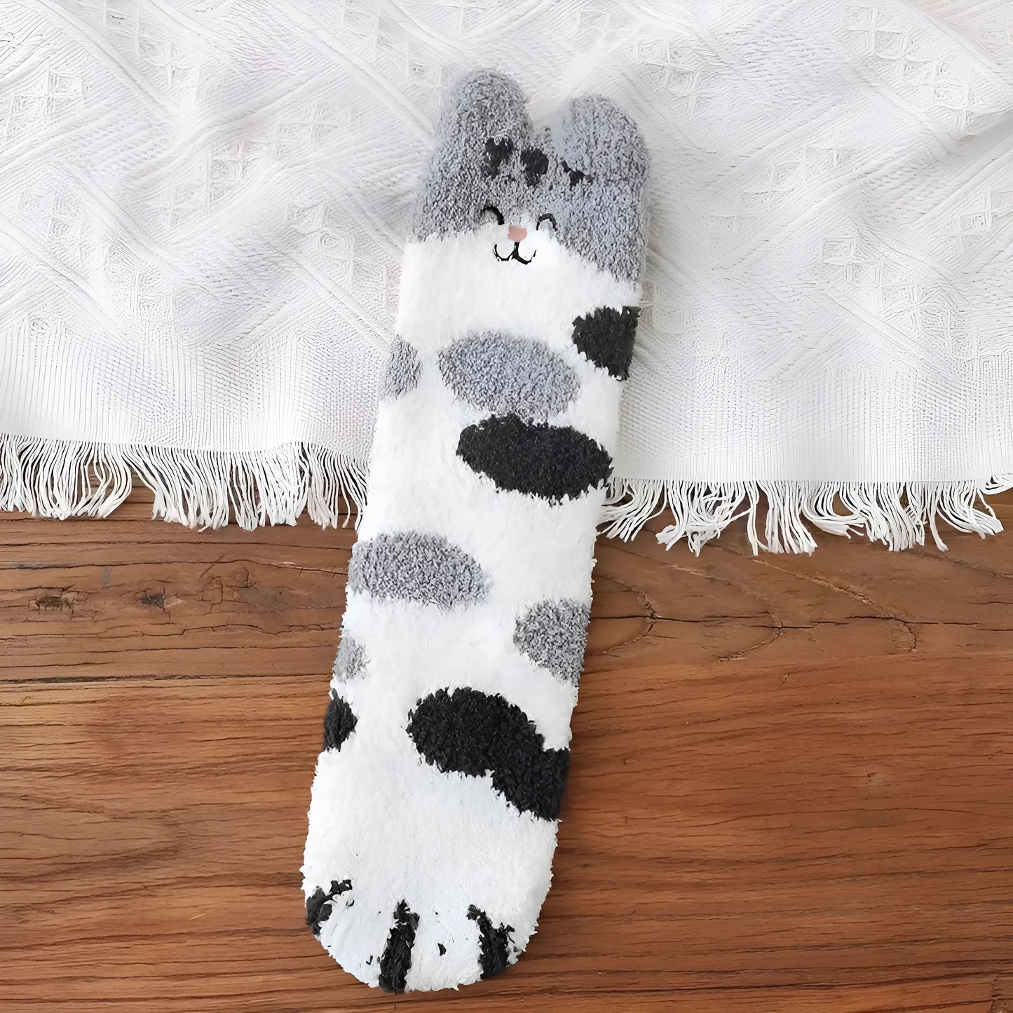 Grey Fluffy Women's Socks with Cat Design