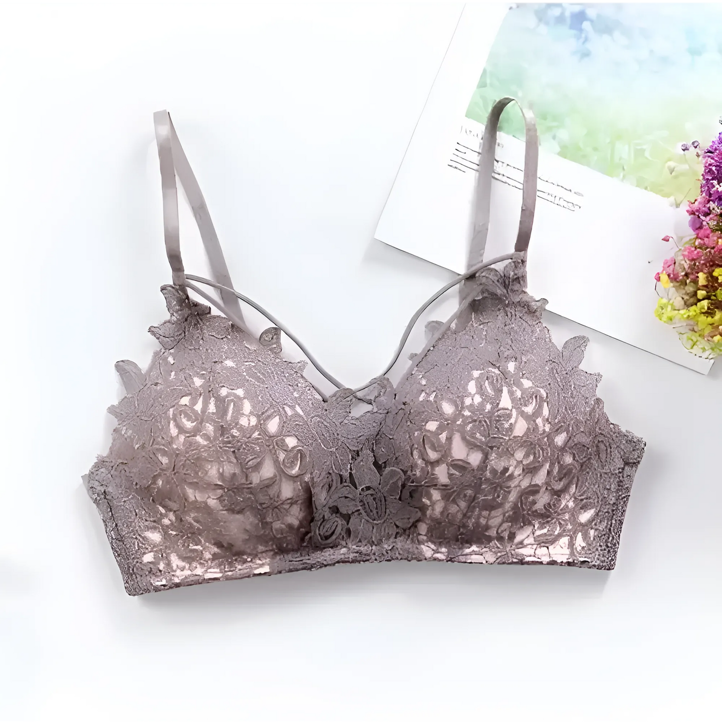 Grey Lace Bralette with Decorative Straps
