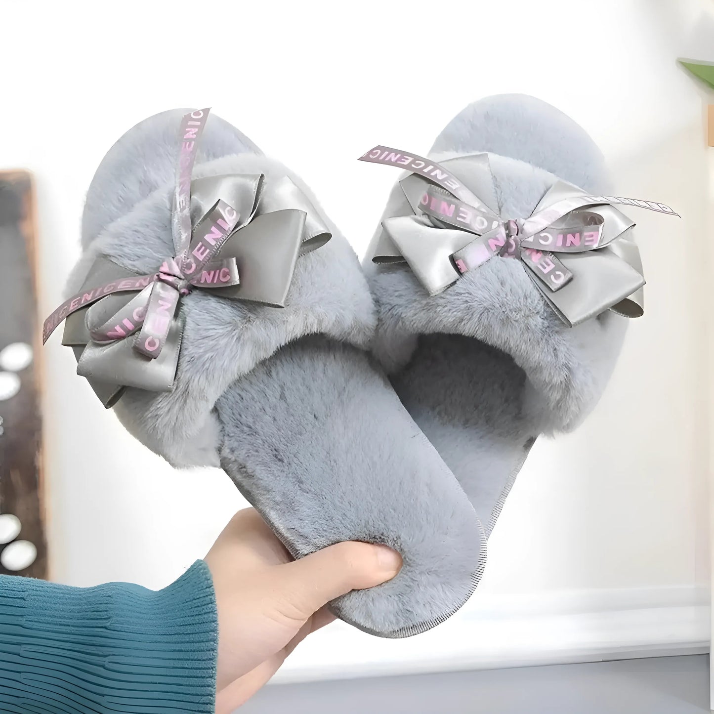 Grey Women's Slippers with Small Bow
