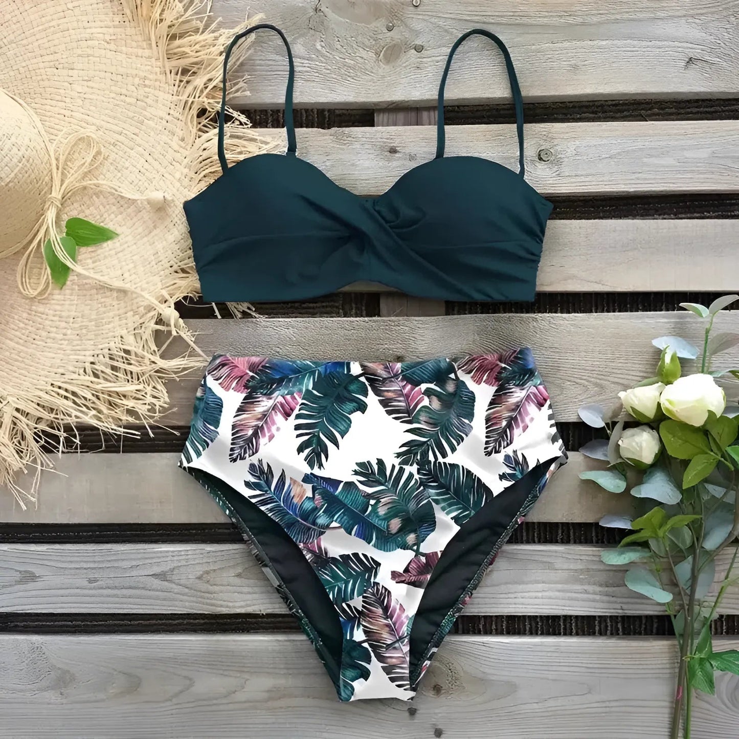 High-Waisted Two-Piece Swimsuit with Tropical Print