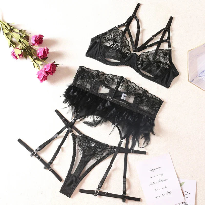 A lingerie set with a suspender belt adorned with feathers.