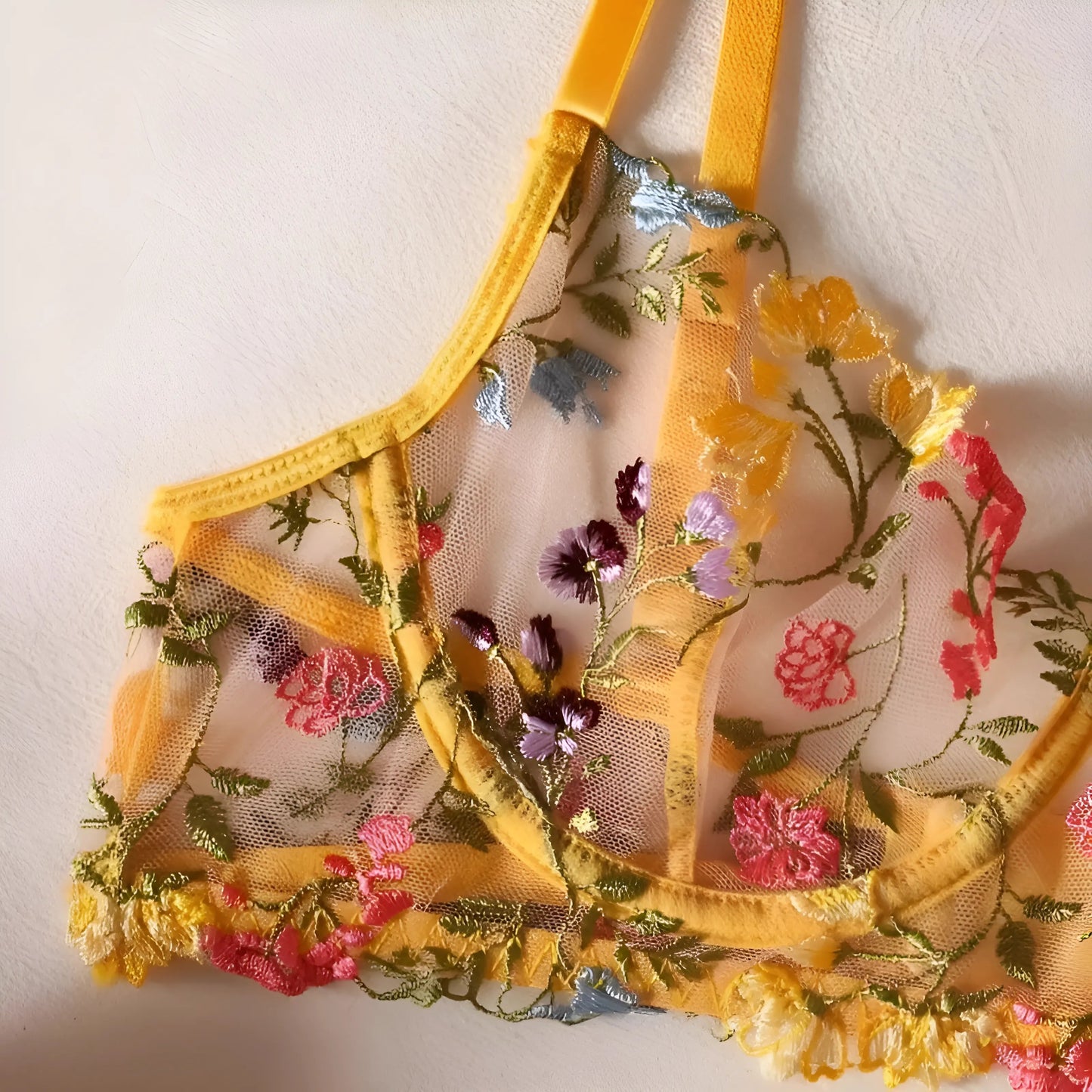Lace Lingerie Set with Embroidered Flowers