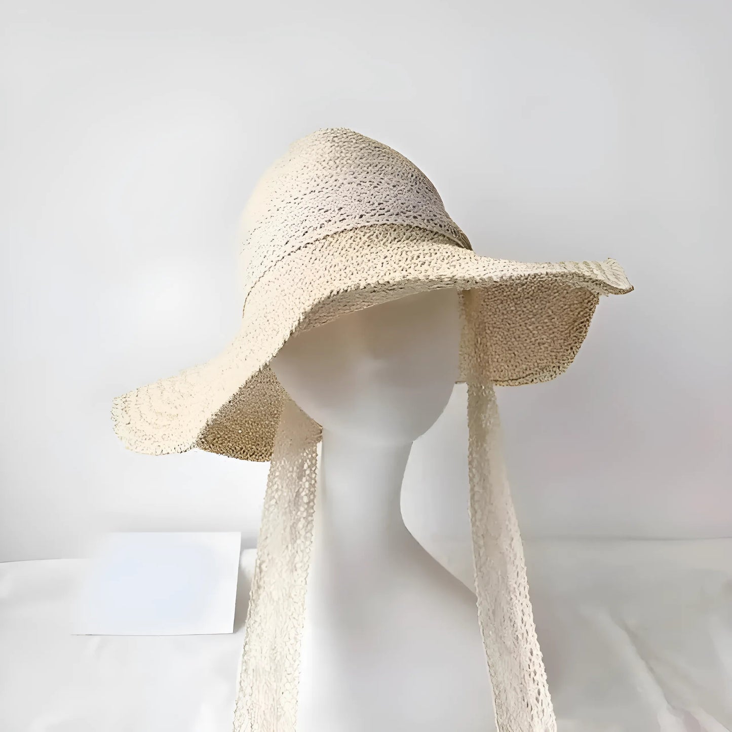 Light Beige Lace Ribbon Beach Hat