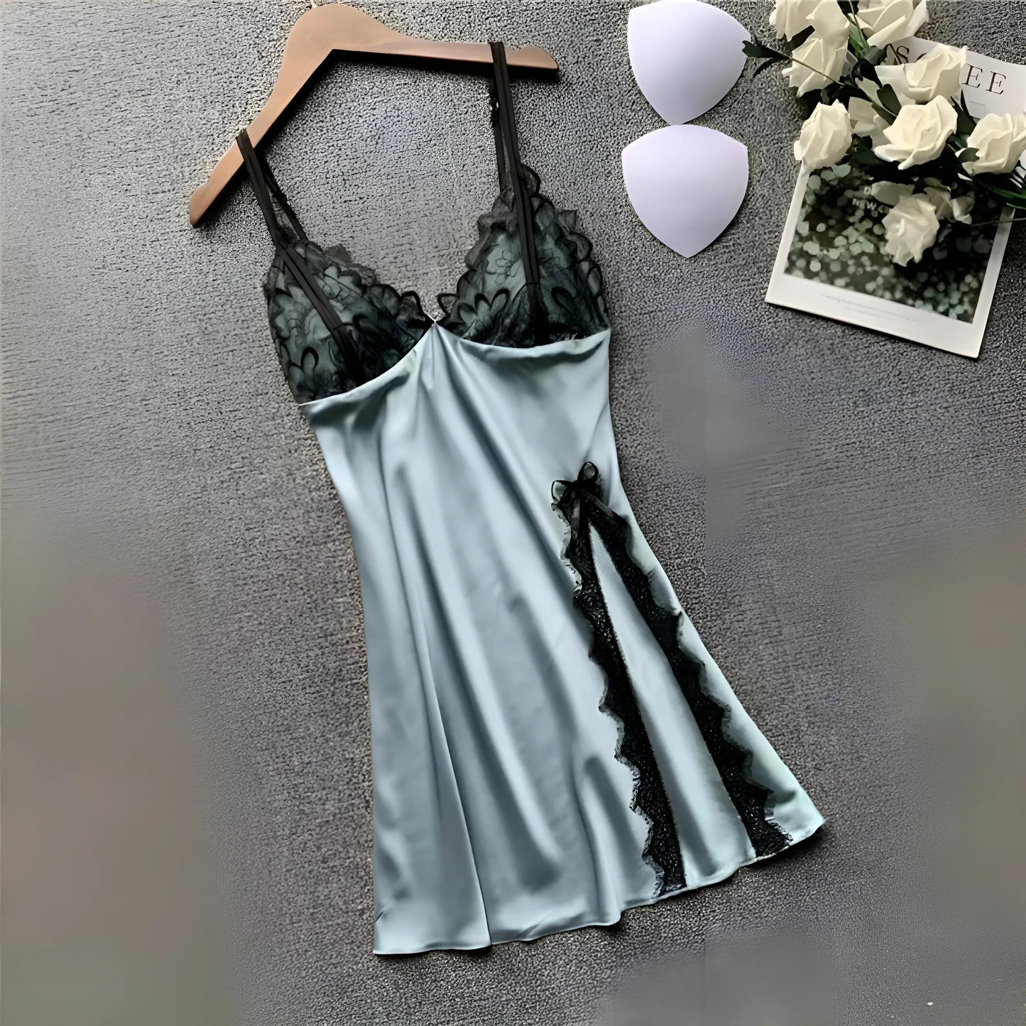 Light Blue Lace Trim Nightdress with Slit