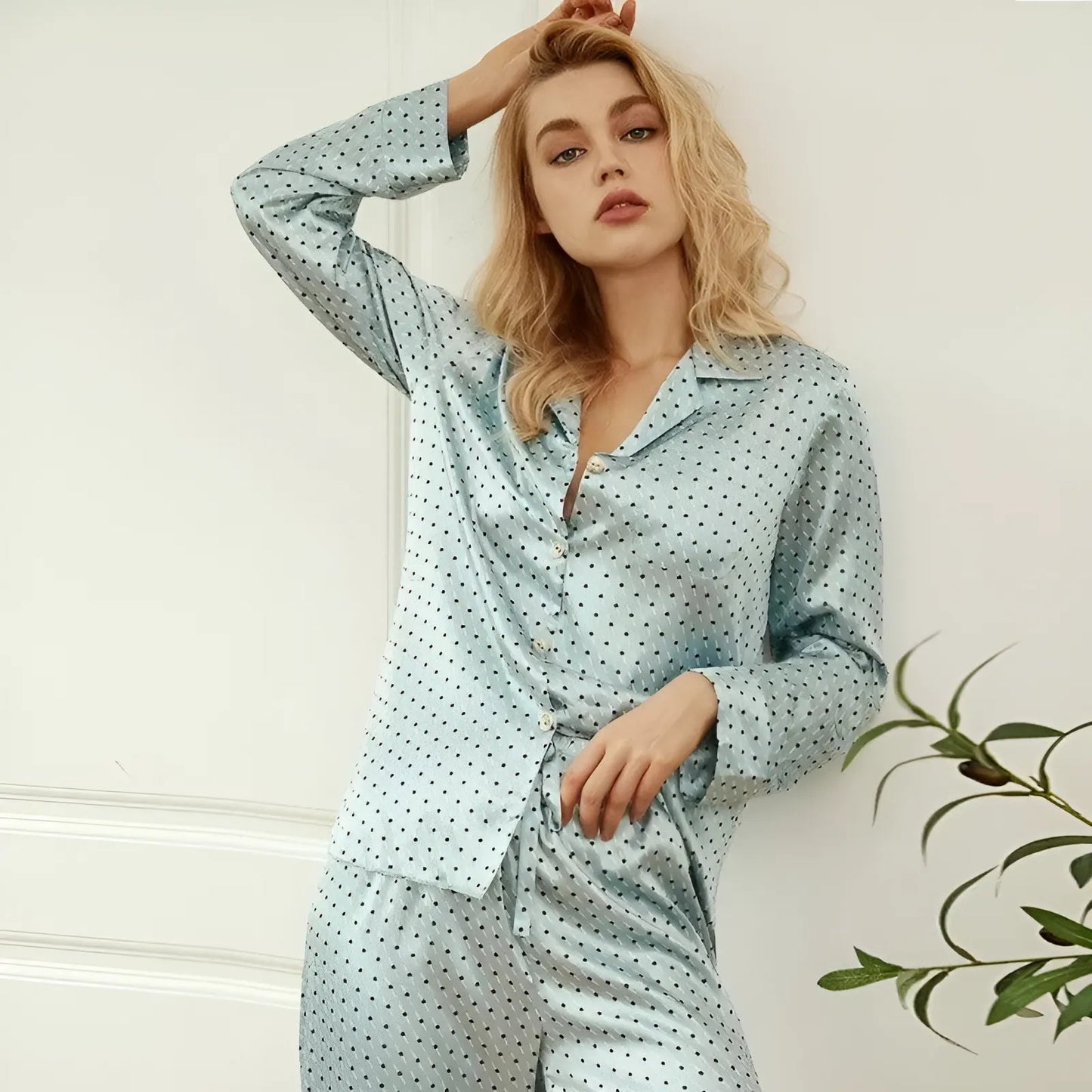 Long Satin Dotted Pyjama Set for Women