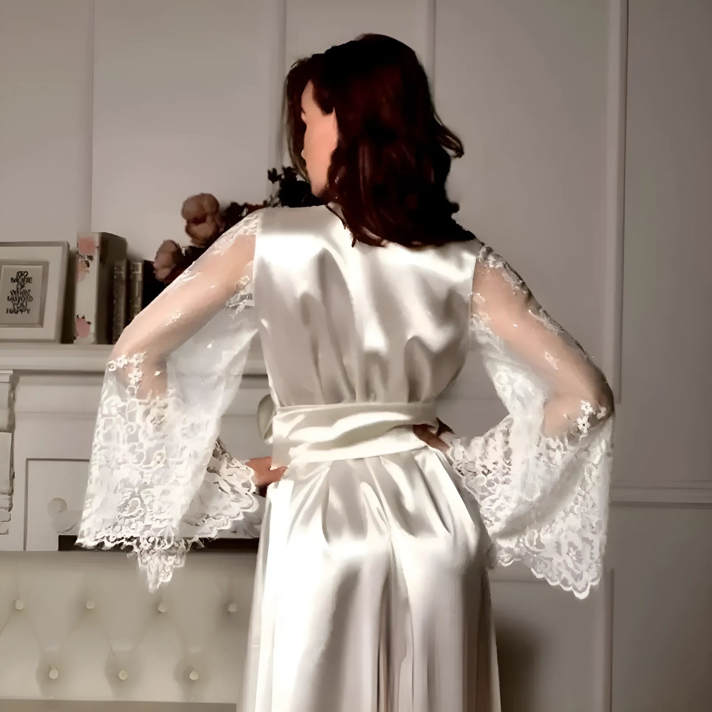 Long Satin Robe with Lace Trim