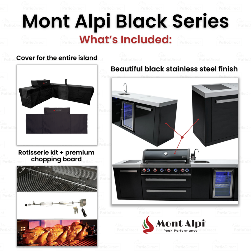 Mont Alpi 5-Burner Compact Black Outdoor Kitchen Island Gas Grill + Fridge Cabinet