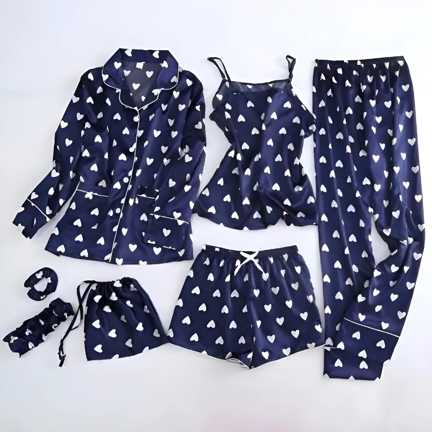 Navy Six-Piece Heart Print Bedding Set