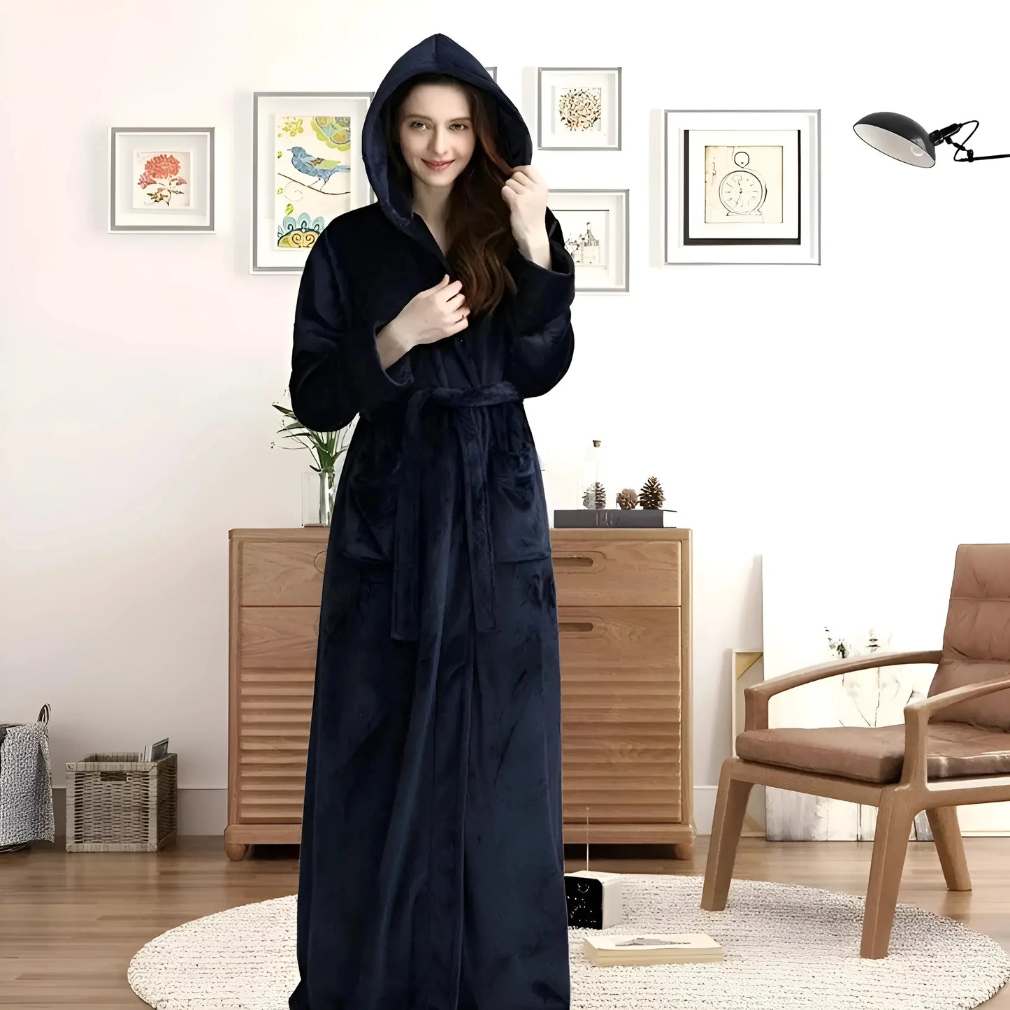 Navy Women's Hooded Fleece Robe