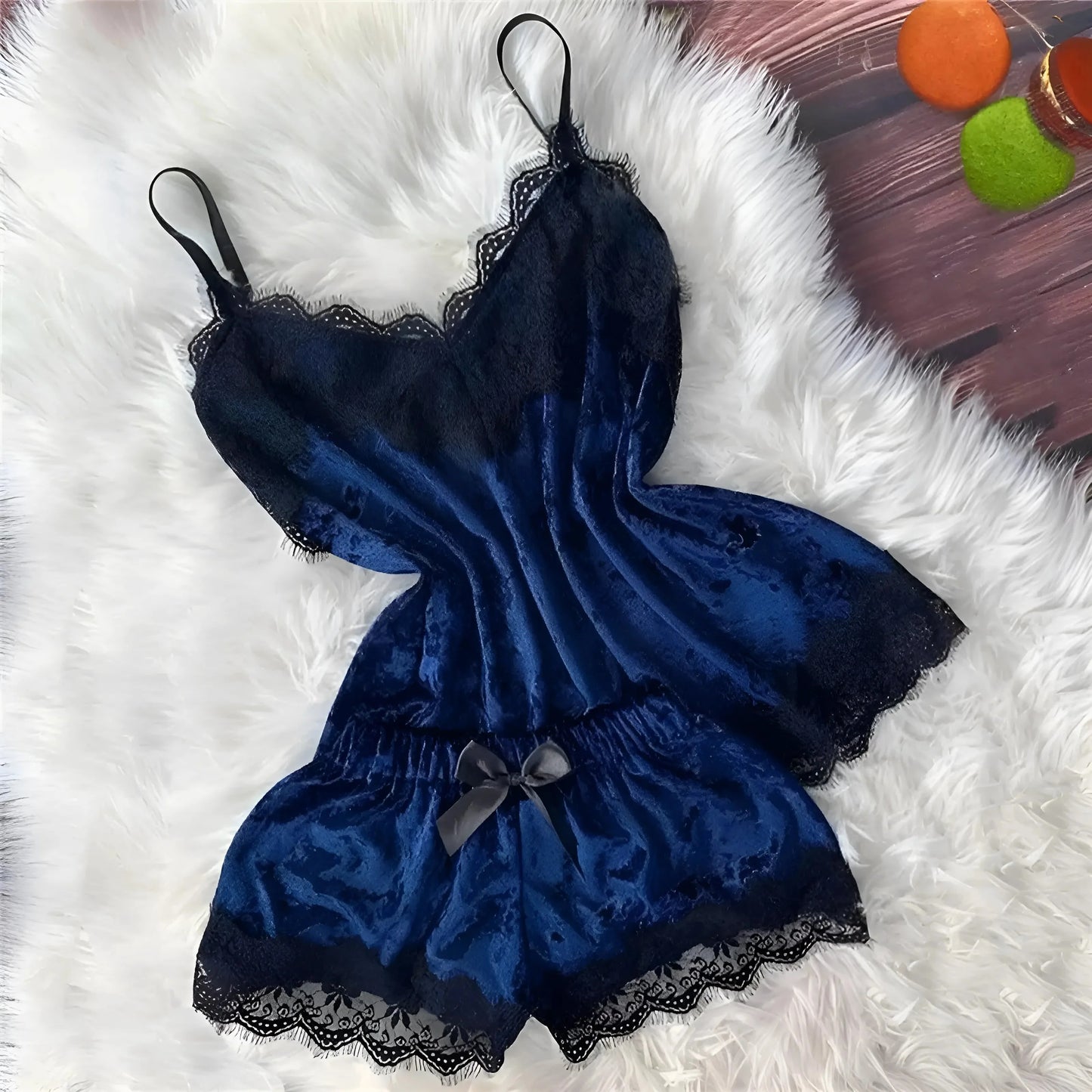 Navy Women's Velour Pyjamas with Lace