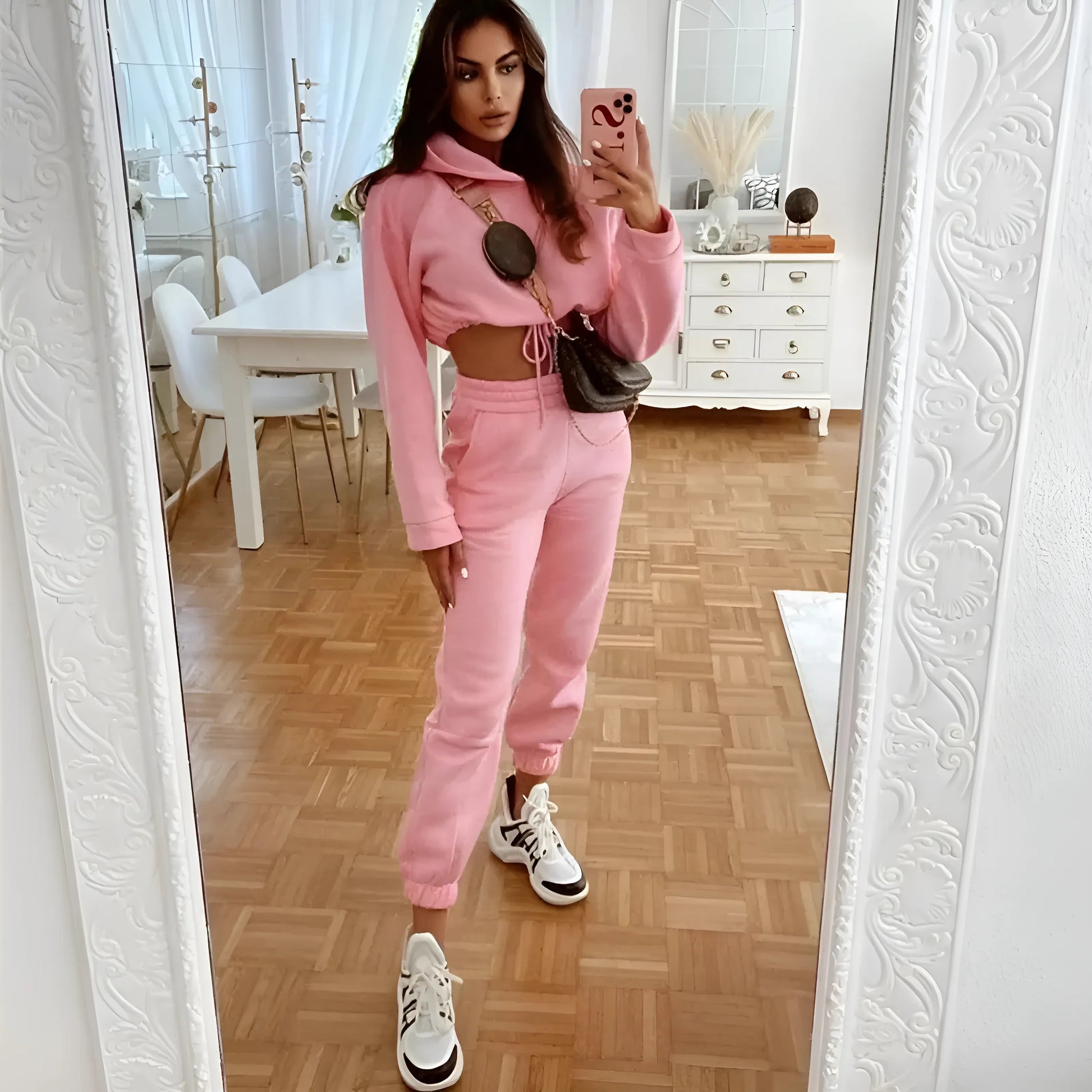 Pink Casual Short-Sleeve Tracksuit Set