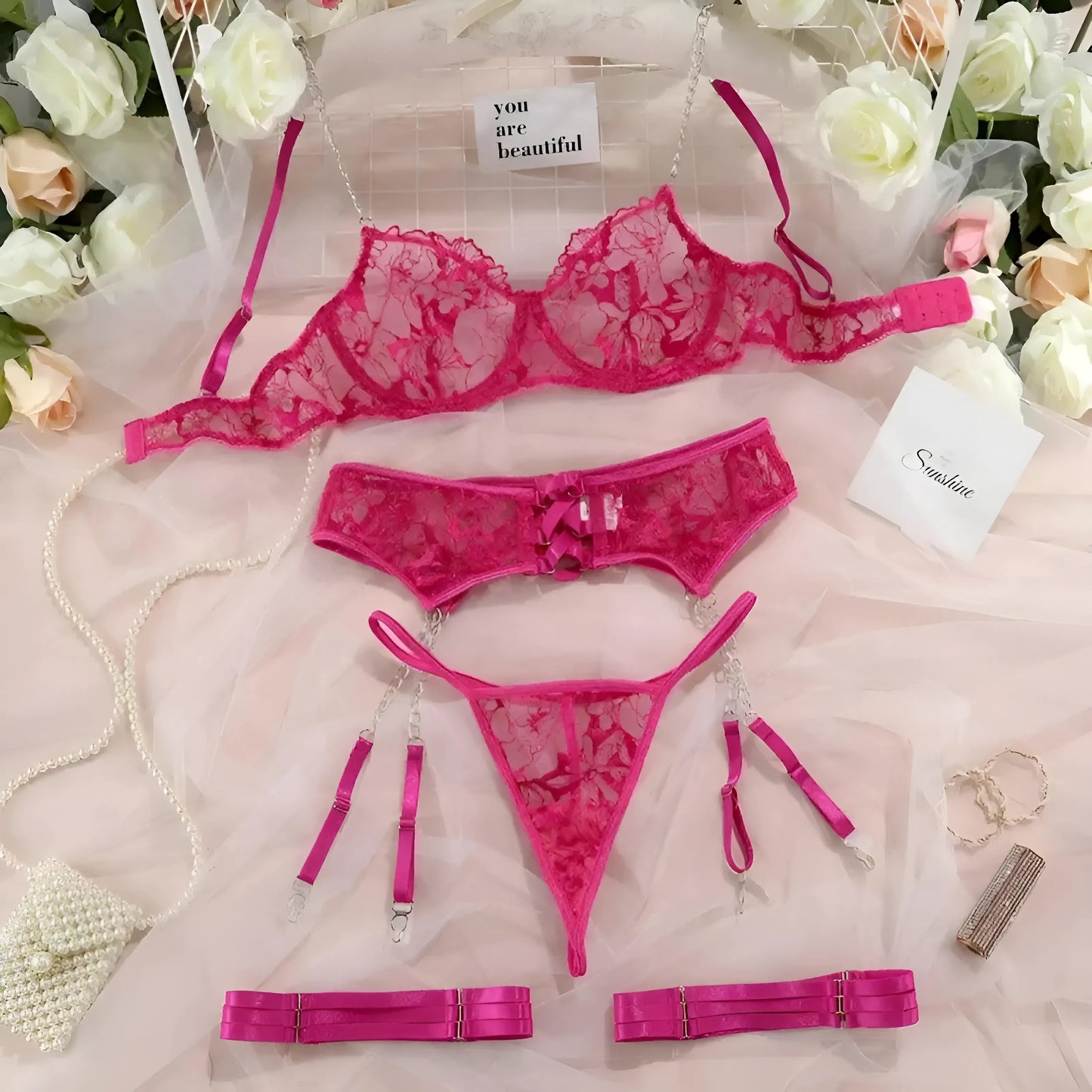 Pink Lace Lingerie Set with Chains