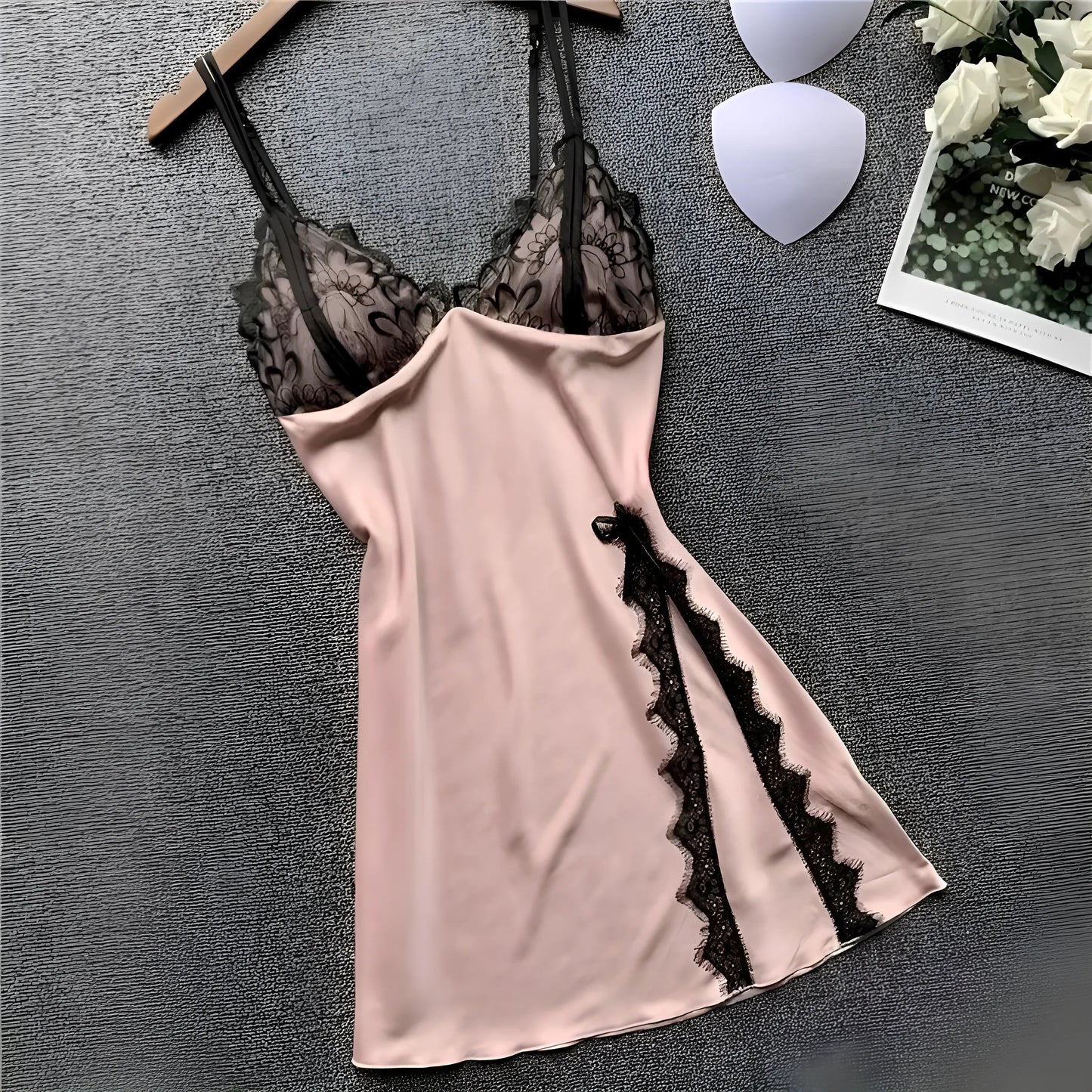 Pink Lace Trim Nightdress with Slit