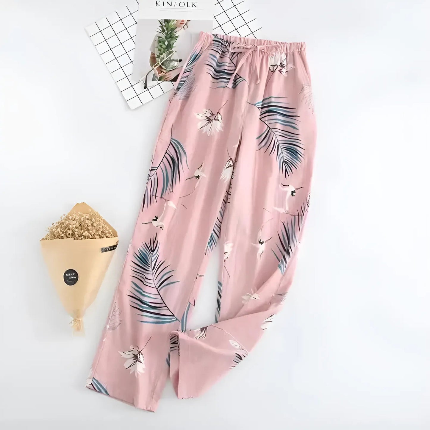 Pink Leaves Patterned Pyjamas Trousers