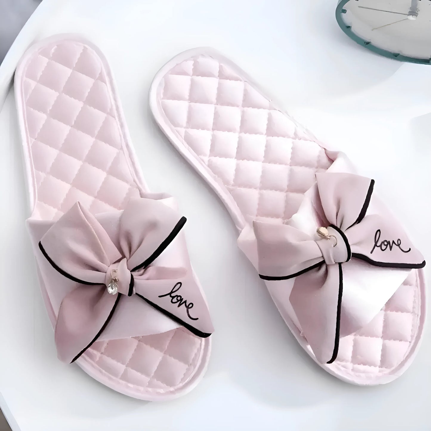 Pink Quilted Women's Slippers with Bows
