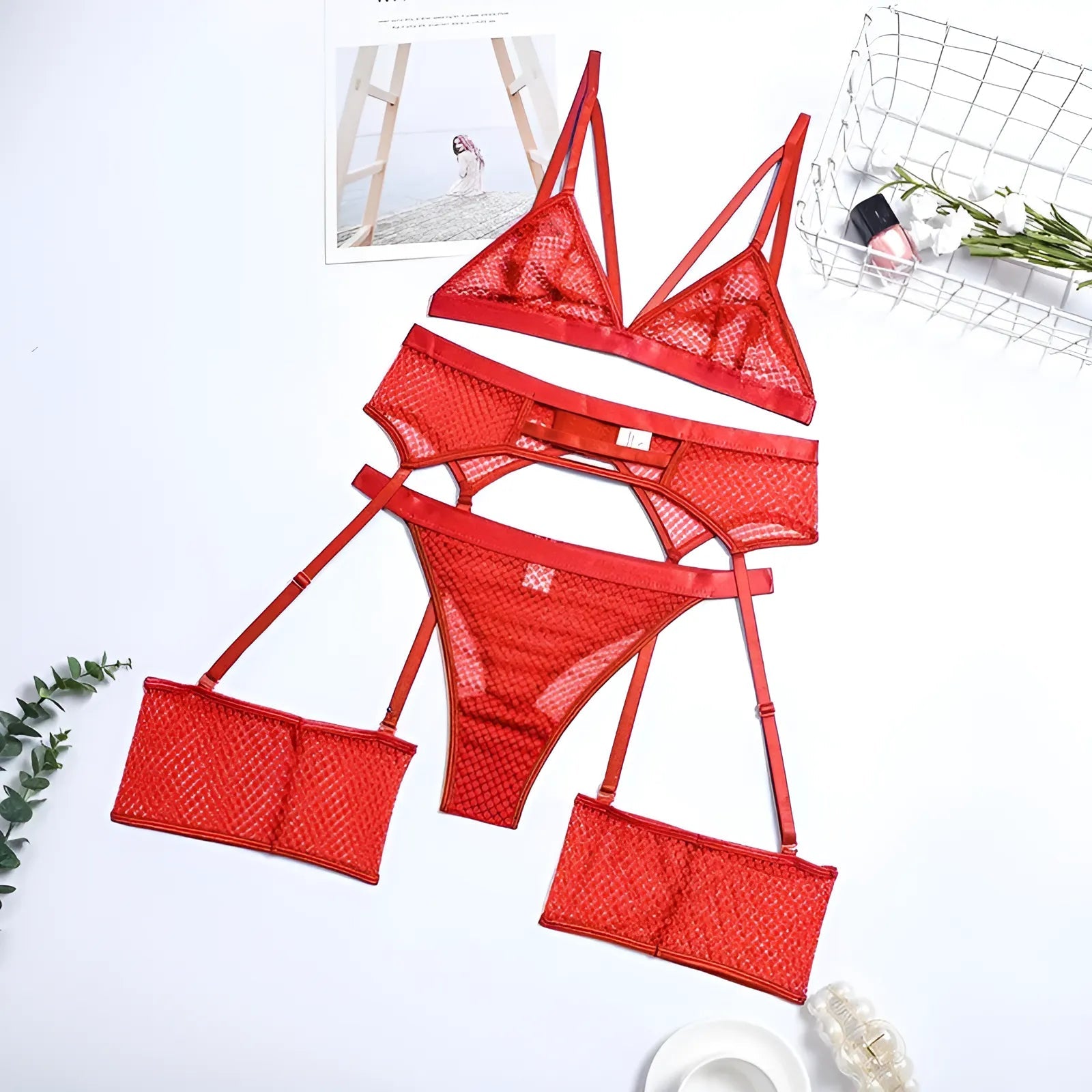 Red 3-Piece Lace Lingerie Set