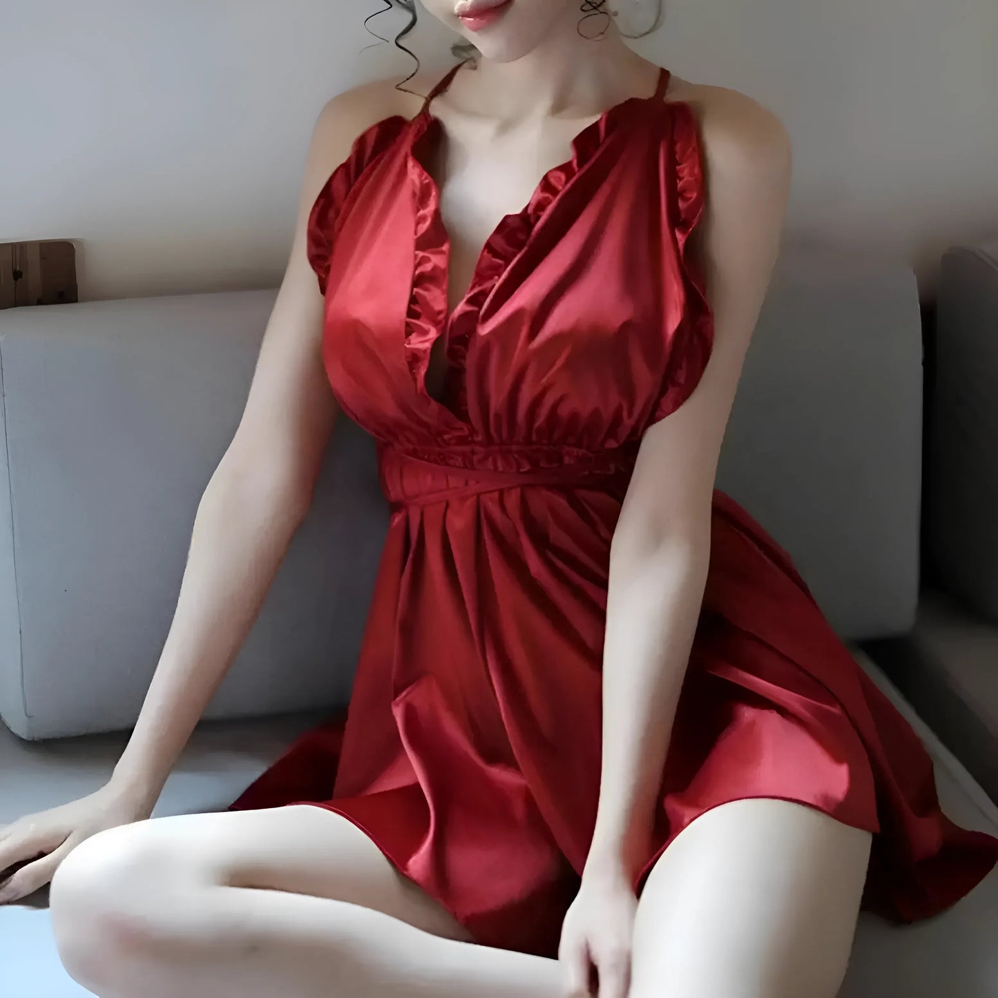 Red Embellished Neckline Nightdress