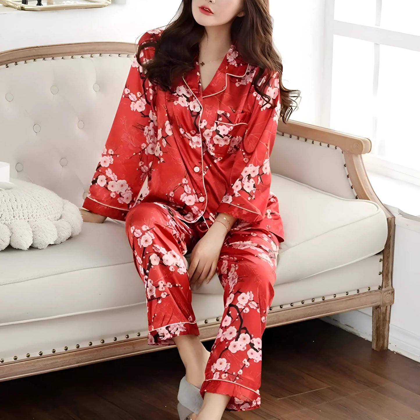 Red Floral Satin Two-Piece Pyjama Set