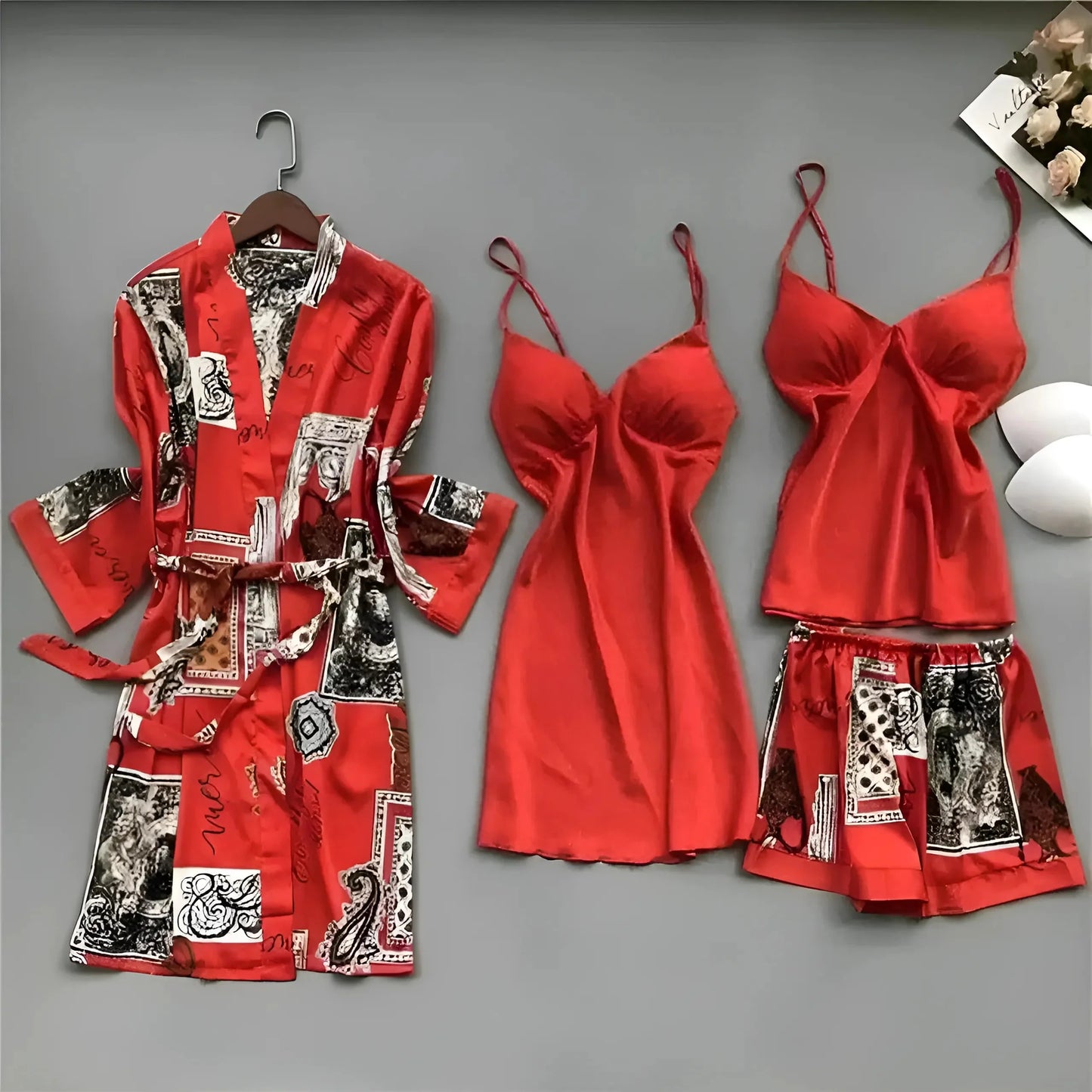 Red Four-Piece Patterned Bedding Set