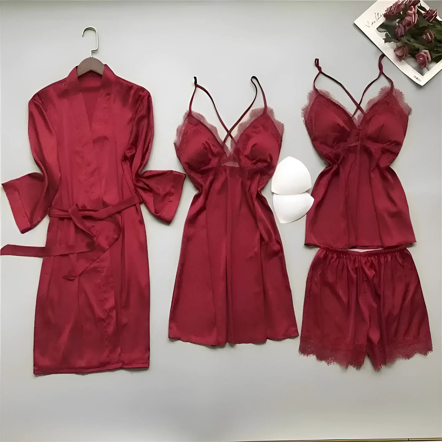 Red Four-Piece Satin Sleep Set