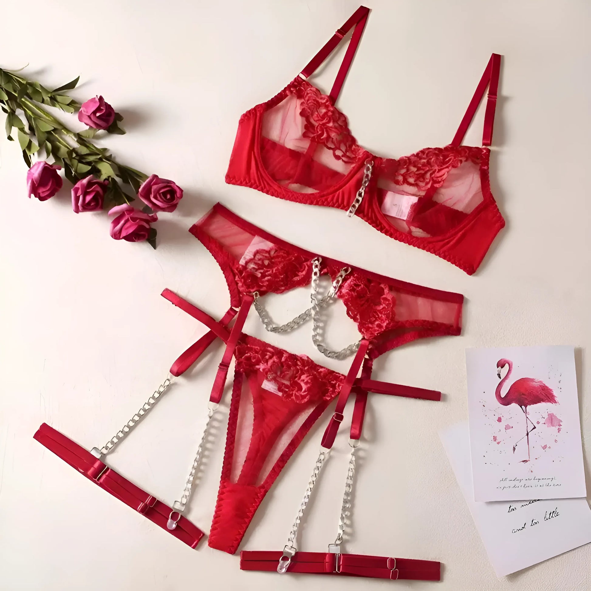 Red Lace Lingerie Set with Chains