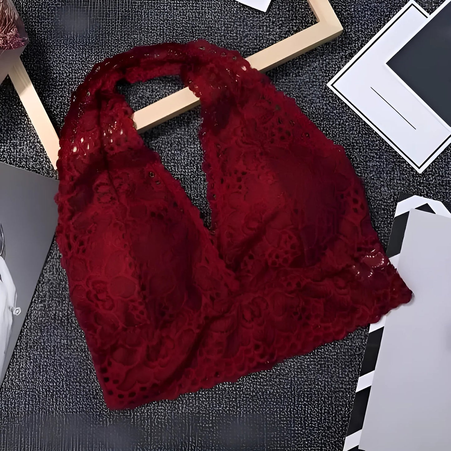 Red Lace Neck Halter Bra