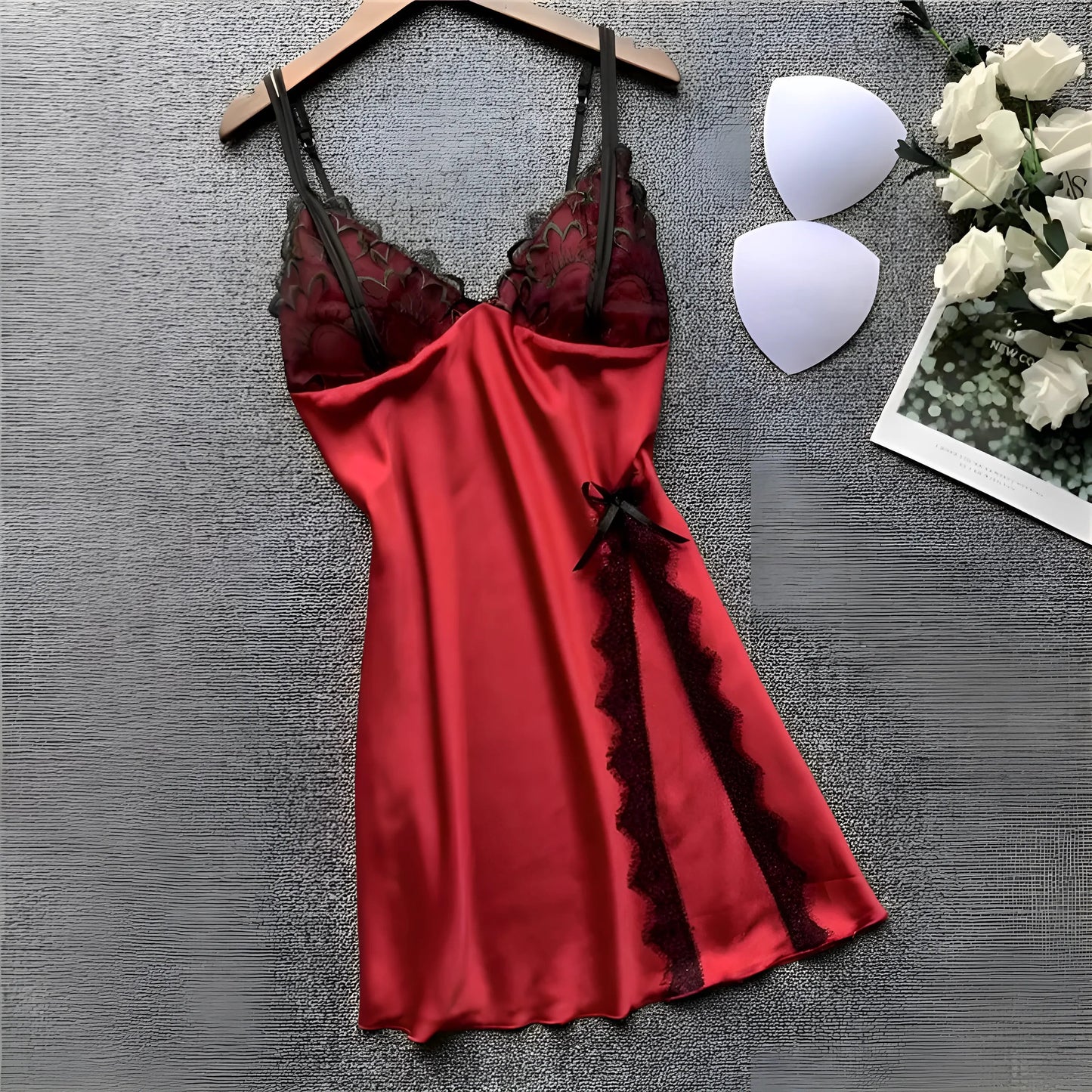 Red Lace Trim Nightdress with Slit