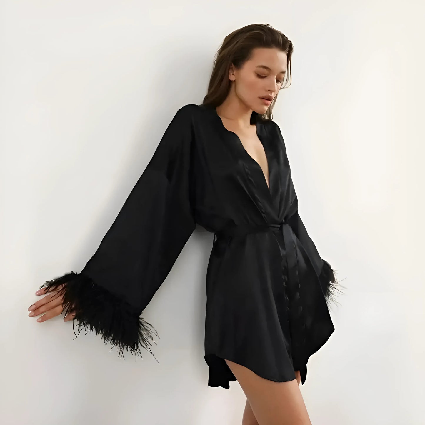 Satin Feather Trimmed Robe