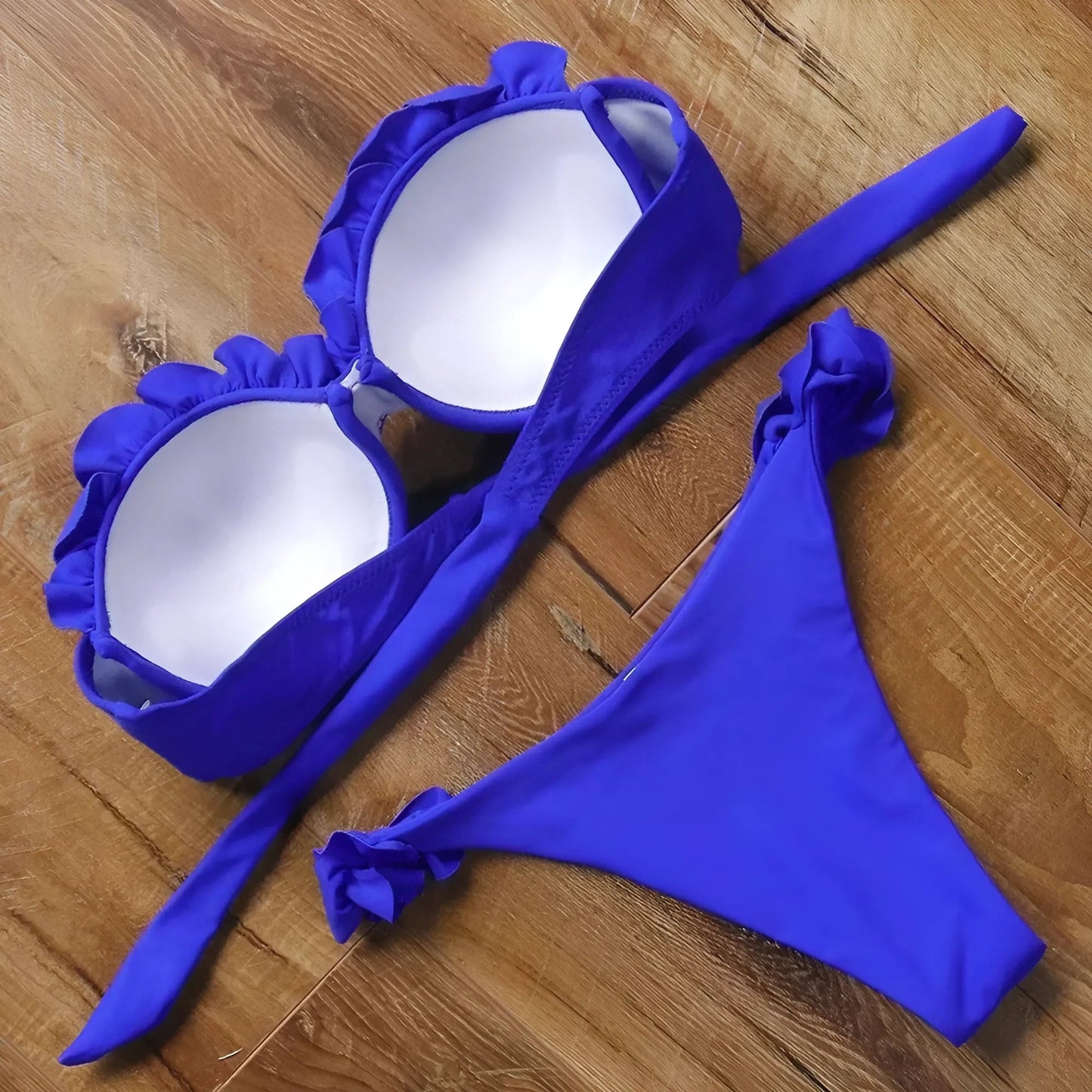 Two-piece bikini swimsuit with decorative frills