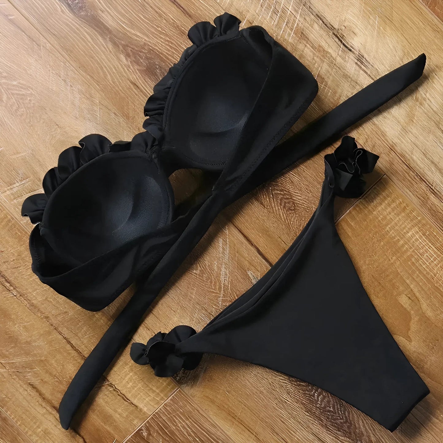 Two-piece bikini swimsuit with decorative frills