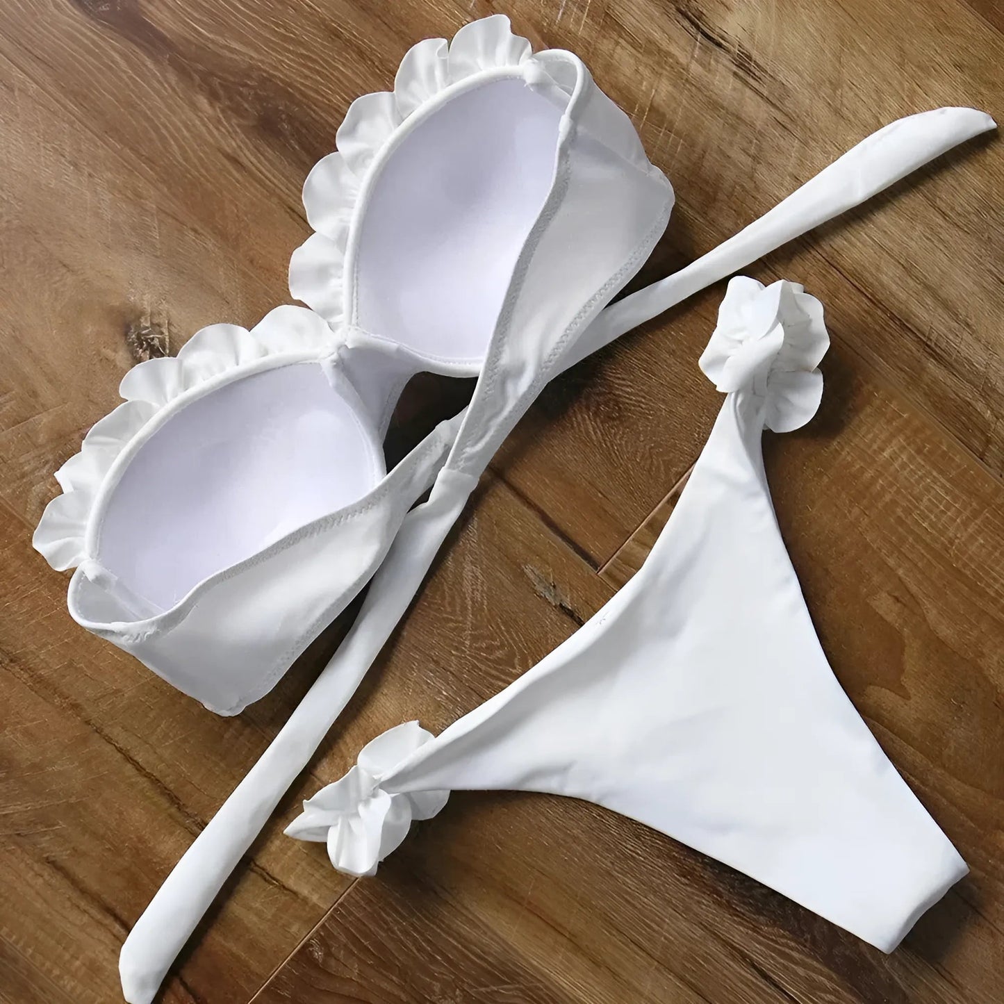 Two-piece bikini swimsuit with decorative frills