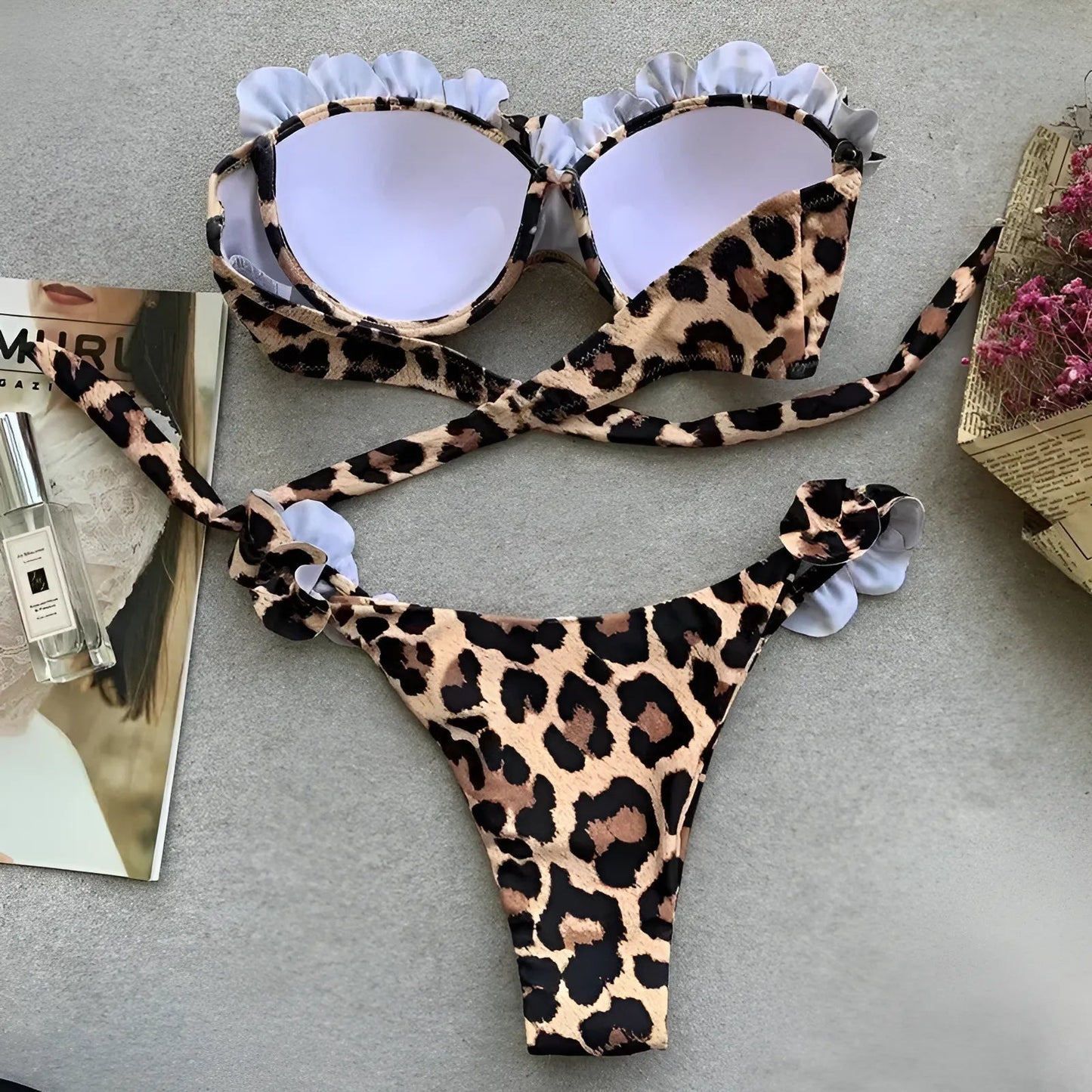 Two-piece leopard print bikini with frills