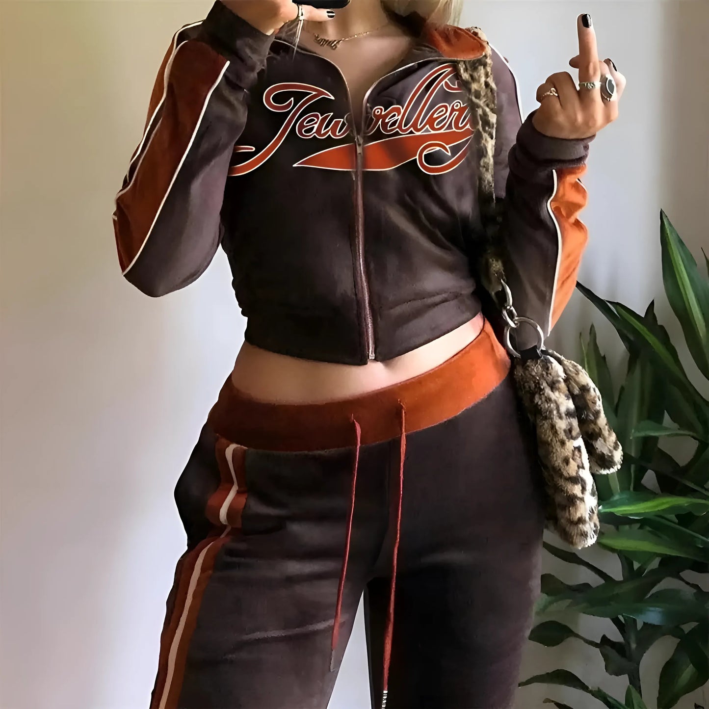 Velvet Tracksuit Set with Text