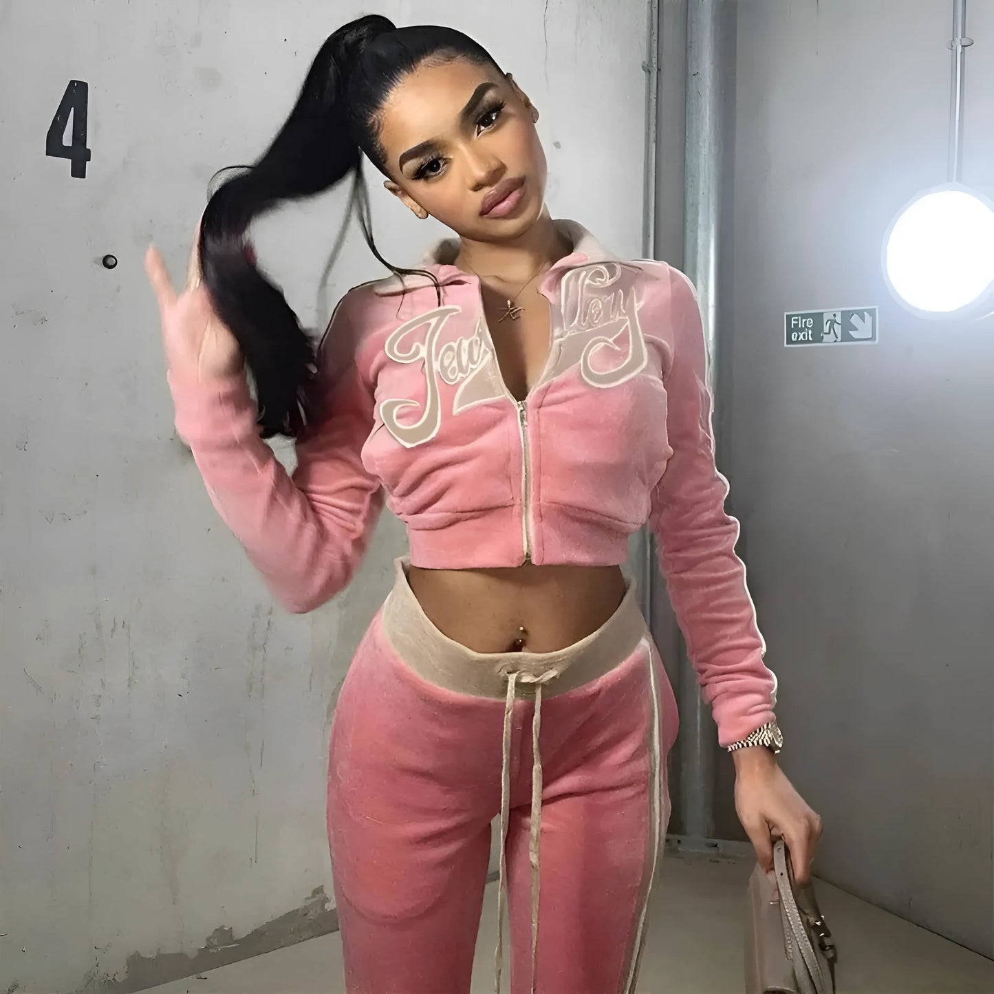 Velvet Tracksuit Set with Text