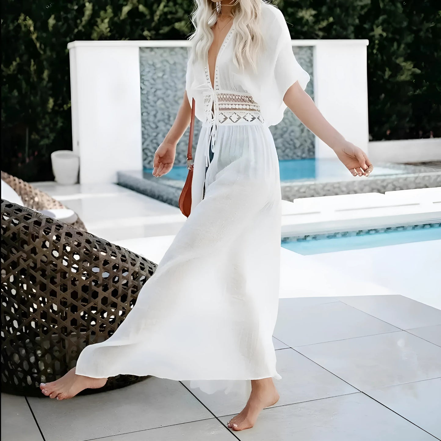 White Lace-Detail Boho Beach Kimono with Tie