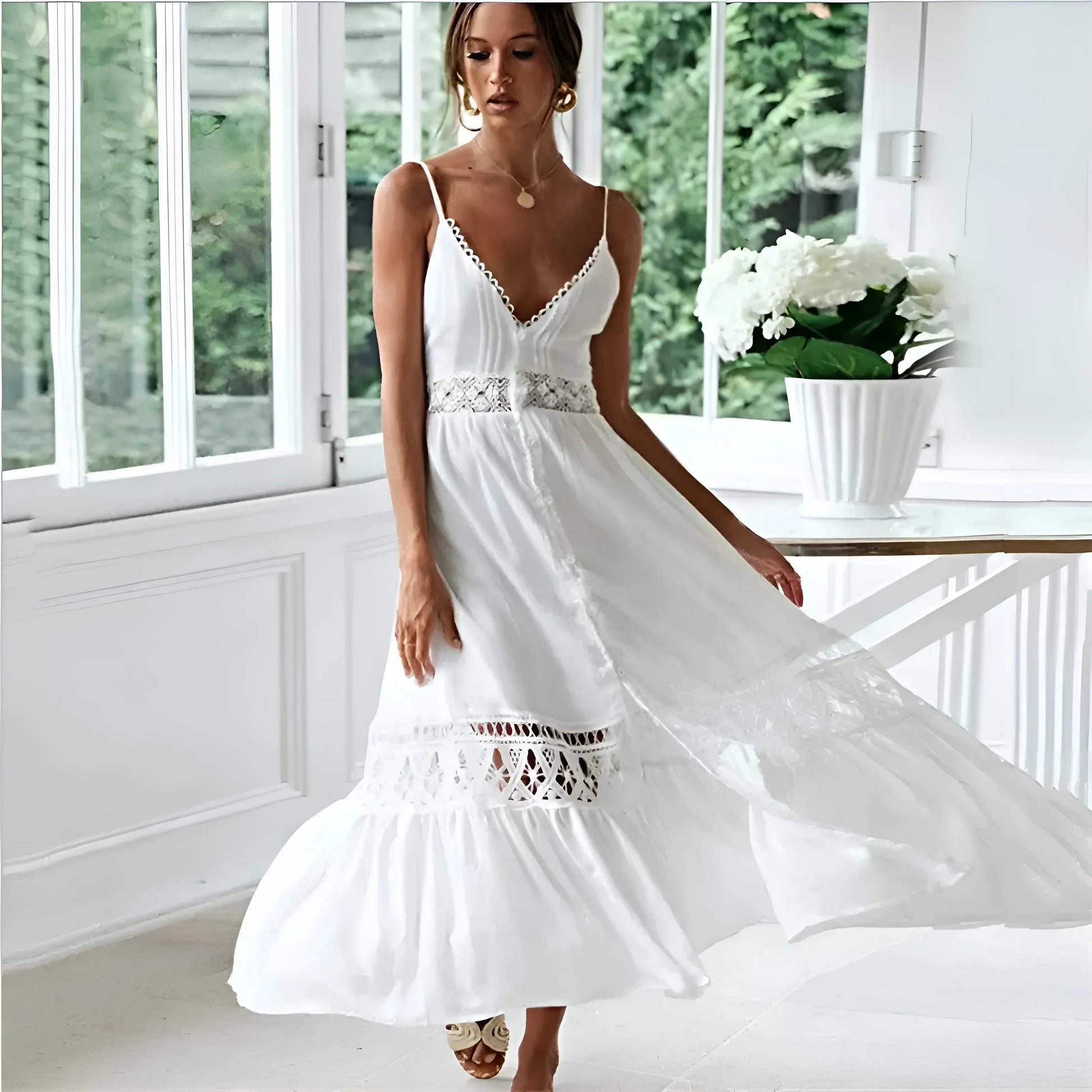White Lace-Effect Beach Dress with Straps