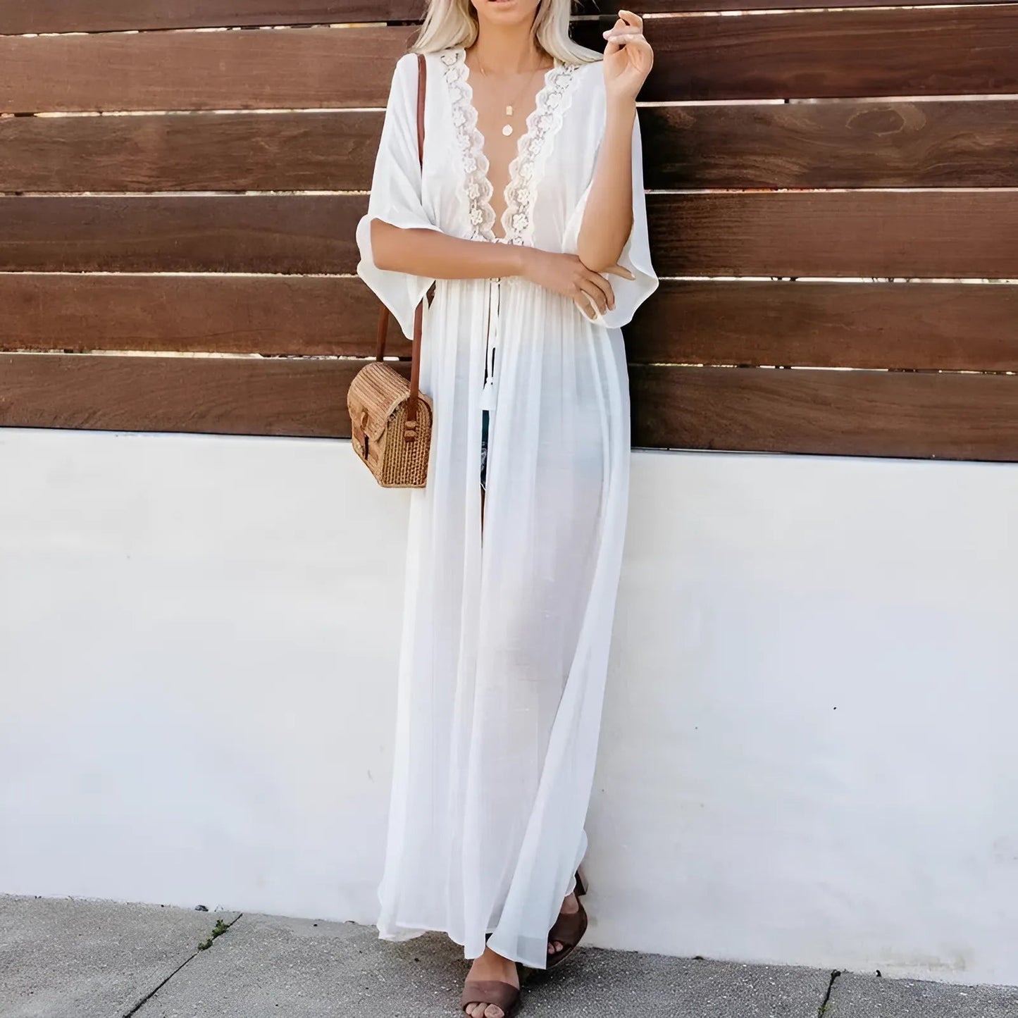 White Long Beach Kimono with Lace Trim