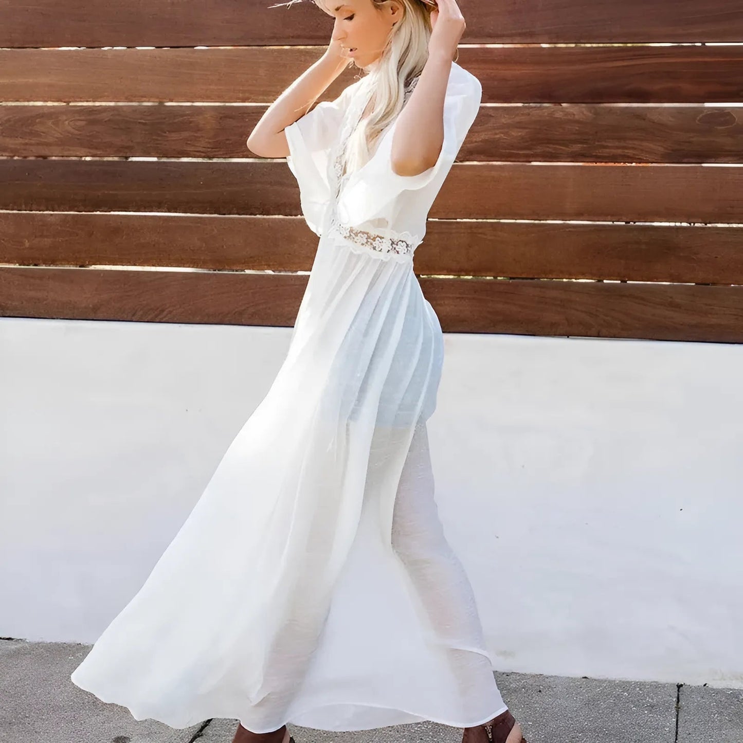 White Long Beach Kimono with Lace Trim