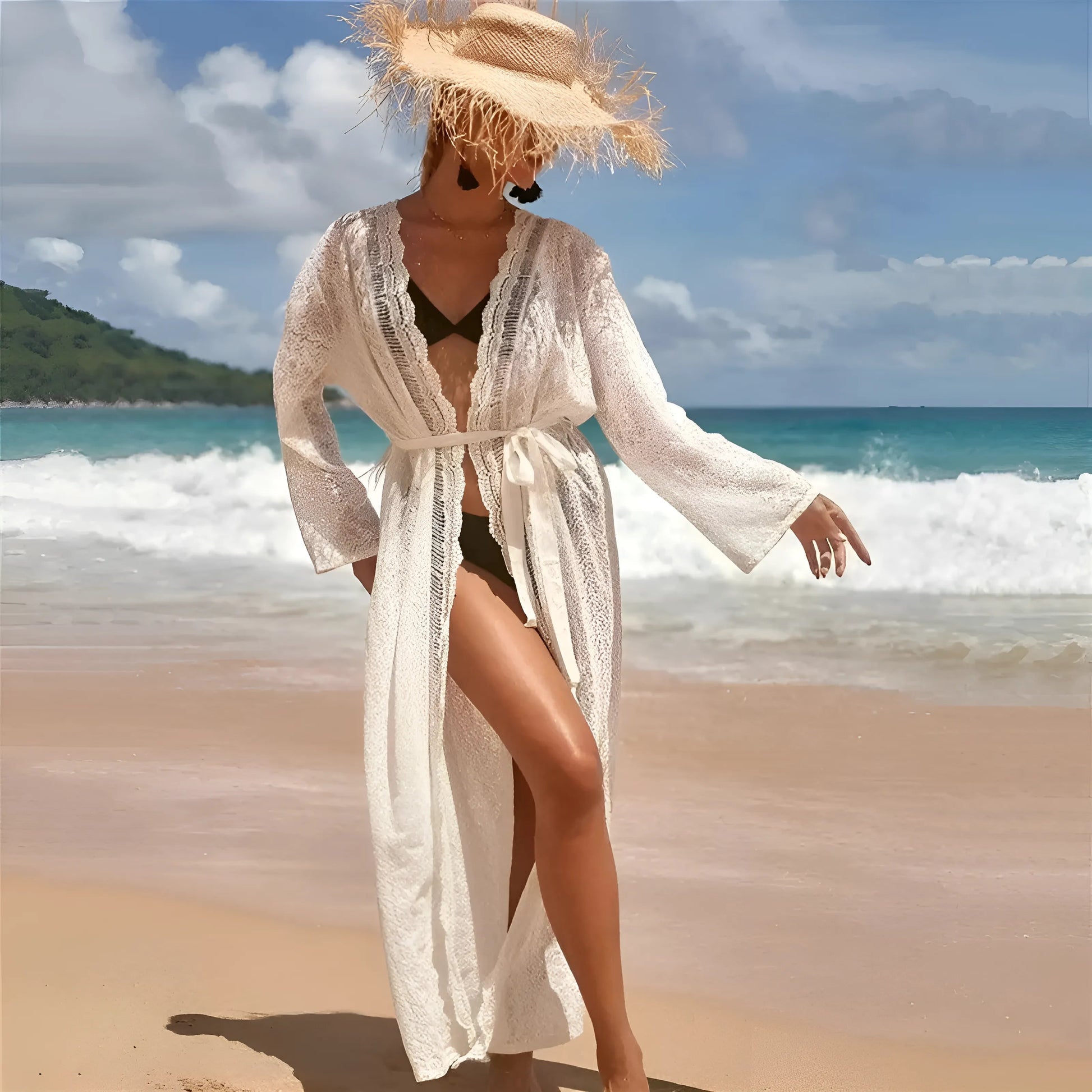 White Long Lace Beach Kimono