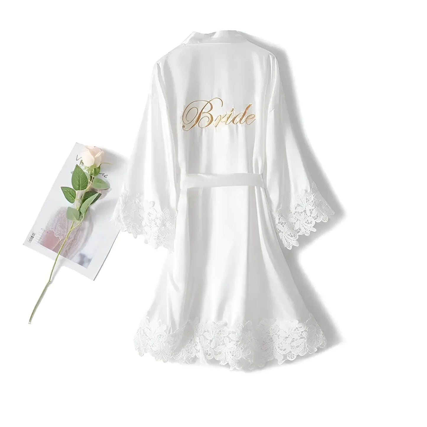 White Silk Wedding Robe with Lace Trim