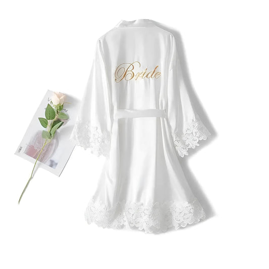 White Silk Wedding Robe with Lace Trim