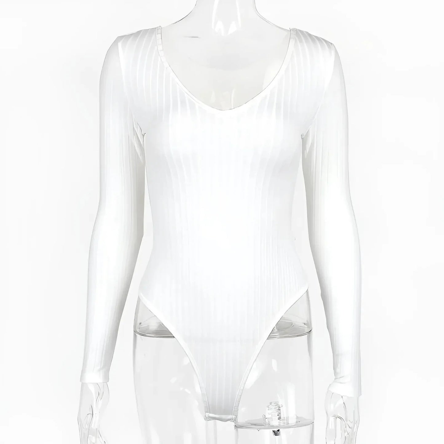 White Striped Bodysuit with Deep V-Neck